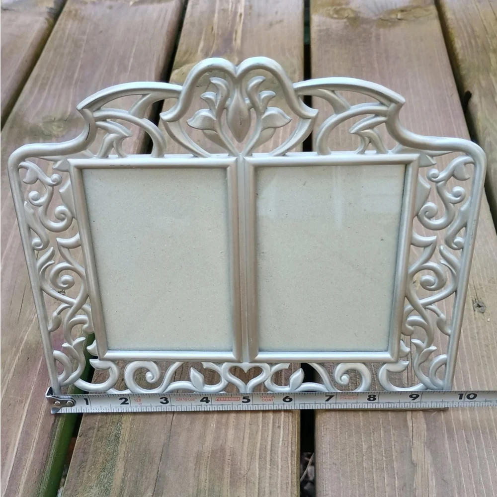 Vintage 1997 HB Group Double Picture Frame Pewter Tone Ornate Tabletop